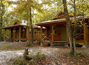 Two medium sized cabins in the forest.
